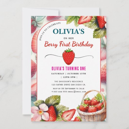 Strawberry Birthday Party Berry Erste Einladung (Vorderseite)