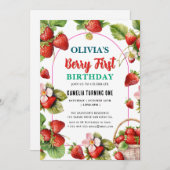 Strawberry Birthday Party Berry First Einladung (Vorne/Hinten)