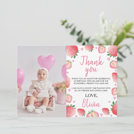 Strawberry Birthday Party Danke Karte (Stehend Vorderseite)