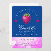 Strawberry Birthday Party Girl Pink und Dark Blue Dankeskarte (Vorne/Hinten)