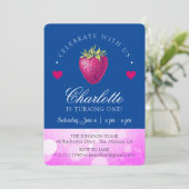 Strawberry Birthday Party Girl Pink und Dark Blue Dankeskarte (Stehend Vorderseite)