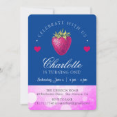 Strawberry Birthday Party Girl Pink und Dark Blue Dankeskarte (Vorderseite)