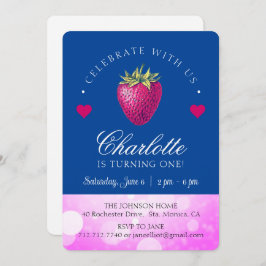 Strawberry Birthday Party Girl Pink und Dark Blue Dankeskarte