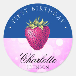 Strawberry Birthday Party Girl Pink und Dark Blue Runder Aufkleber