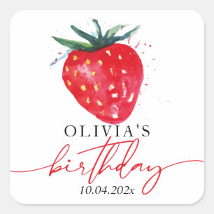 Strawberry Birthday personalisiert Favor Gift Tag Quadratischer Aufkleber
