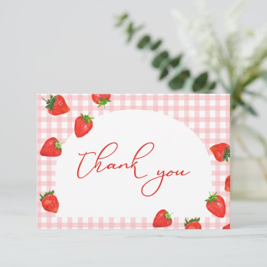 Strawberry Birthday Pink Kariert Berry Dankeskarte (Stehend Vorderseite)