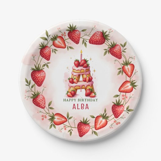 Strawberry Birthday Plate Letter A Cake Design Pappteller (Vorderseite)