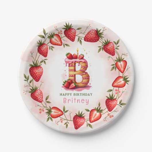 Strawberry Birthday Plate Letter B Cake Design Pappteller (Vorderseite)