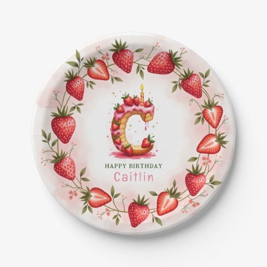 Strawberry Birthday Plate Letter C Cake Design Pappteller (Vorderseite)