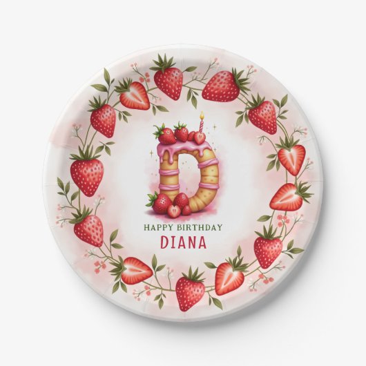 Strawberry Birthday Plate Letter D Cake Design Pappteller (Vorderseite)