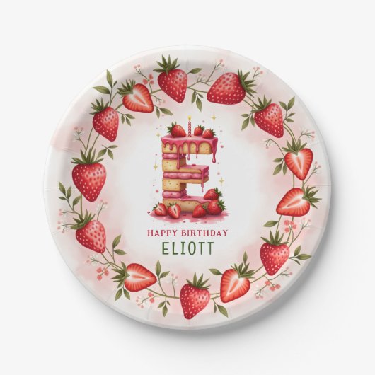 Strawberry Birthday Plate Letter E Cake Design Pappteller (Vorderseite)