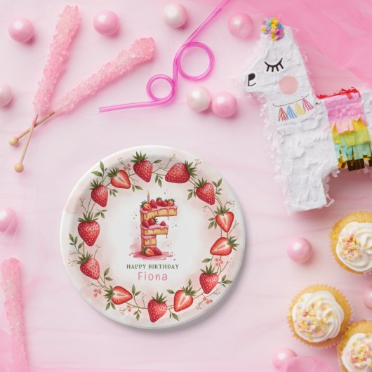 Strawberry Birthday Plate Letter F Cake Design Pappteller (Party)
