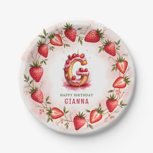 Strawberry Birthday Plate Letter G Cake Design Pappteller (Vorderseite)