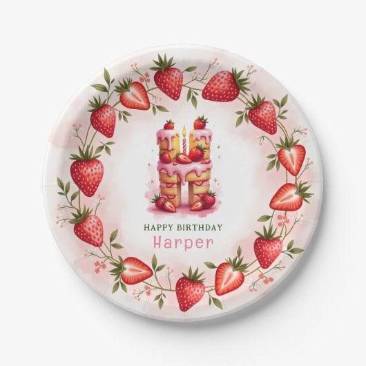 Strawberry Birthday Plate Letter H Cake Design Pappteller (Vorderseite)