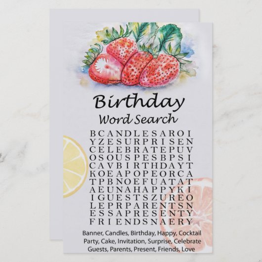 Strawberry Birthday Word Scramble Game (Vorne/Hinten)