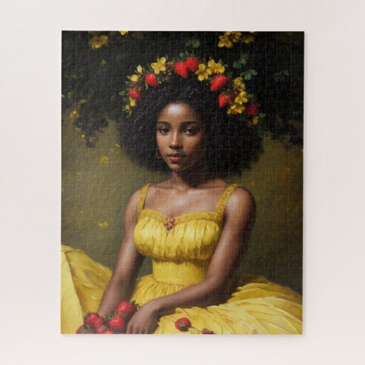 Strawberry Black Woman in Yellow Dress Summer Art Puzzle (Vertikal)