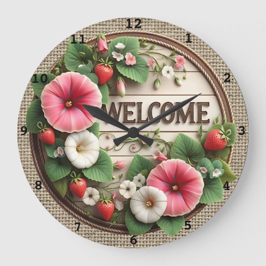 Strawberry Bloom Welcome Farm Clock Große Wanduhr (Vorderseite)