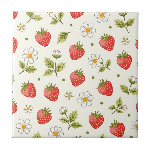 Strawberry Blossom Summer Pattern Fliese (Vorderseite)