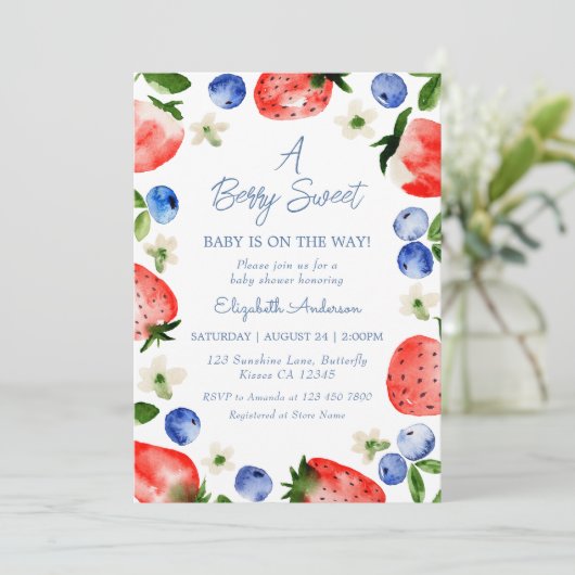 Strawberry Blueberry Berry Sweet Boy Baby Dusche Einladung (Stehend Vorderseite)