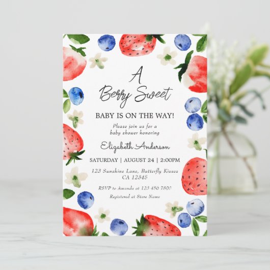 Strawberry Blueberry Berry Sweet Girl Baby Dusche Einladung (Stehend Vorderseite)
