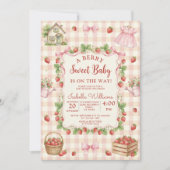 Strawberry bow baby shower First Berry Sweet Einladung (Vorderseite)