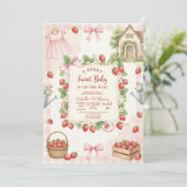 Strawberry bow baby shower First Berry Sweet Einladung (Stehend Vorderseite)
