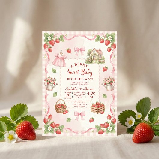 Strawberry bow baby shower First Berry Sweet Einladung