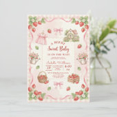 Strawberry bow baby shower First Berry Sweet Einladung (Stehend Vorderseite)