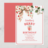 Strawberry Bow Girls First Birthday Einladung (Vorne/Hinten)