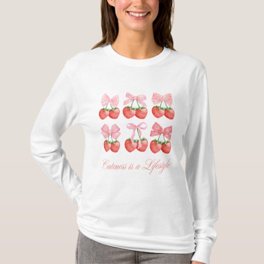 Strawberry & Bows Kawaii Design Long Sleeve T-Shirt (Vorderseite)