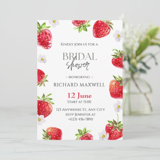 Strawberry Bridal Dusche Wasserfarbe Einladung (Stehend Vorderseite)