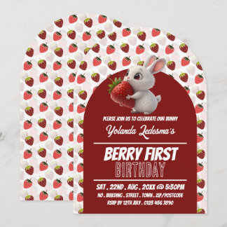 Strawberry Bunny, Berry Erster Geburtstag Einladung