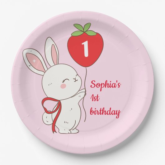 Strawberry Bunny Birthday Pappteller (Vorderseite)