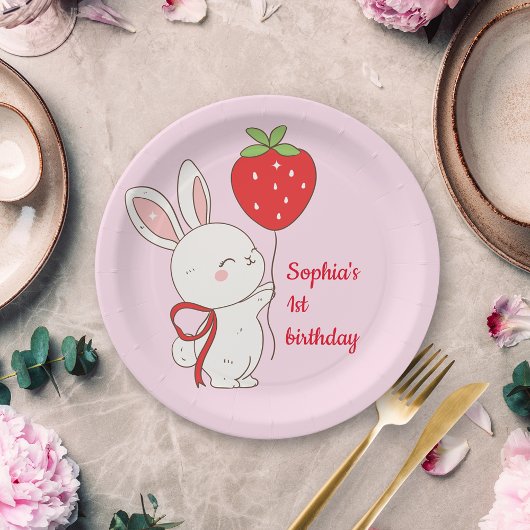 Strawberry Bunny Birthday Pink Pappteller