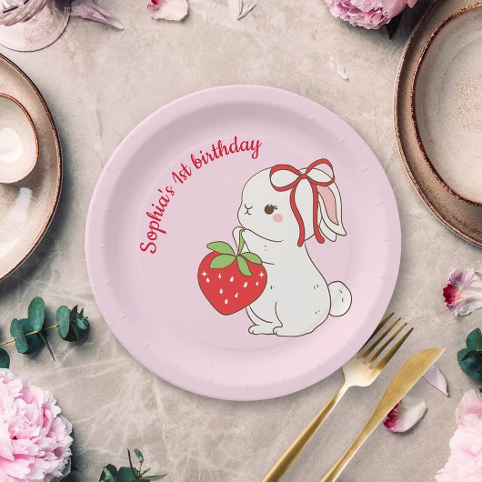 Strawberry Bunny Pink Birthday Pappteller