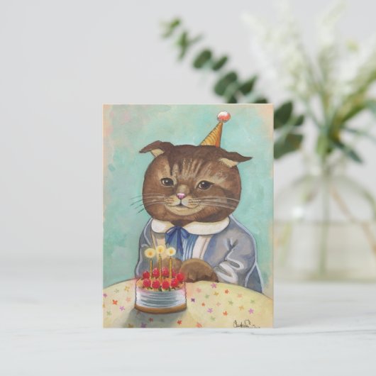 Strawberry Cake Birthday Kitty Postkarte (Stehend Vorderseite)