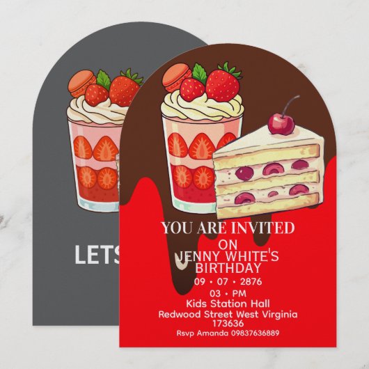 Strawberry  Cake Themed Birthday Invitation  Einladung (Vorne/Hinten)