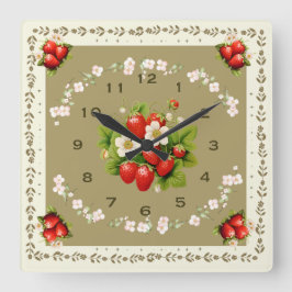 Strawberry Clock Loden Grüner Hintergrund Quadratische Wanduhr