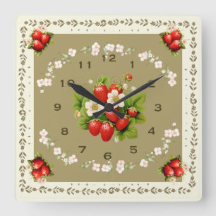 Strawberry Clock Loden Grüner Hintergrund Quadratische Wanduhr