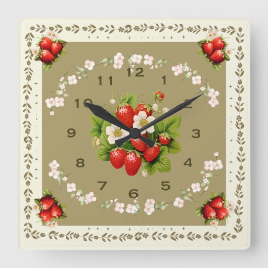 Strawberry Clock Loden Grüner Hintergrund Quadratische Wanduhr (Vorderseite)
