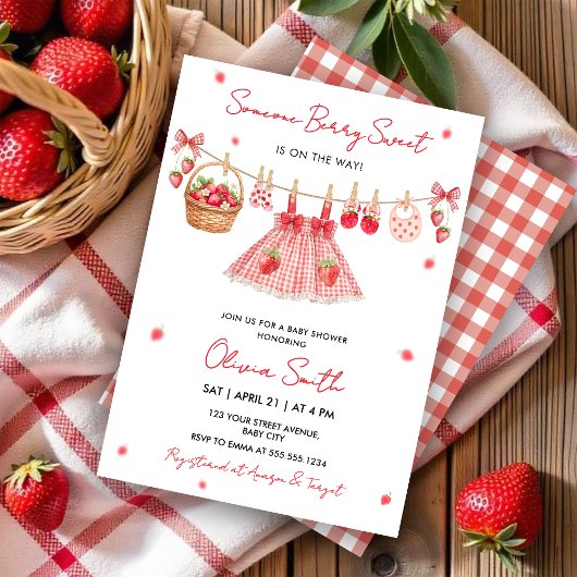 Strawberry Clothesline Berry Sweet Baby Invitation Einladung