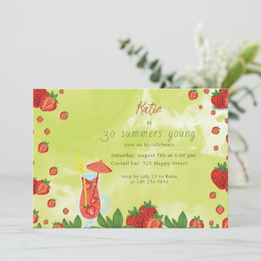Strawberry Coctail Geburtstag Einladung (Stehend Vorderseite)