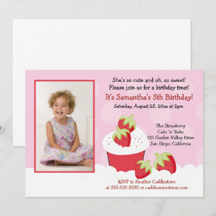 Strawberry Cupcake Foto Geburtstagsfeier Einladung