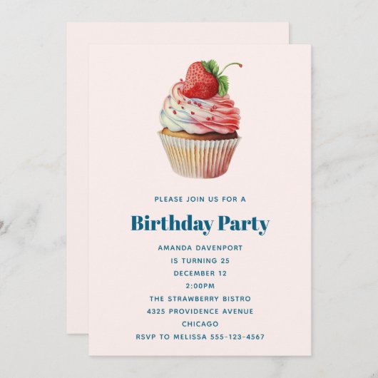 Strawberry Cupcake Sweet Dessert Geburtstag Einladung (Vorne/Hinten)