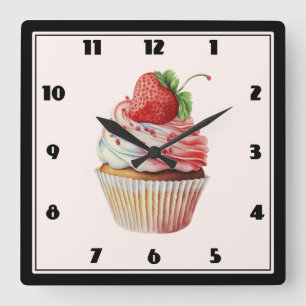 Strawberry Cupcake Sweet Dessert Quadratische Wanduhr
