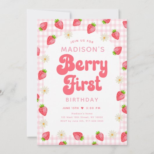 Strawberry Daisy Berry Erster Geburtstag Einladung (Vorderseite)