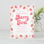 Strawberry Daisy Berry Erster Geburtstag Einladung (Stehend Vorderseite)