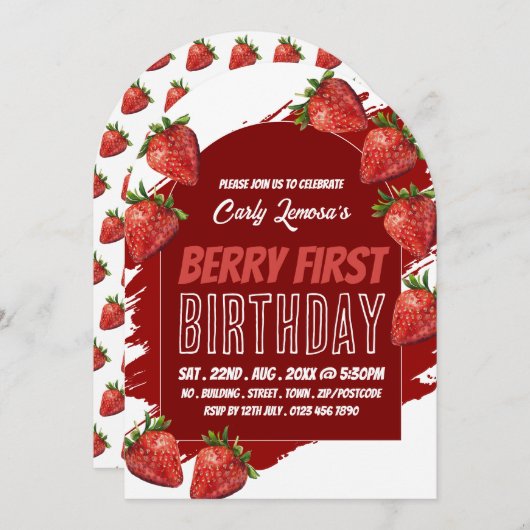 Strawberry Design, Berry Erster Geburtstag Einladu Einladung (Vorne/Hinten)