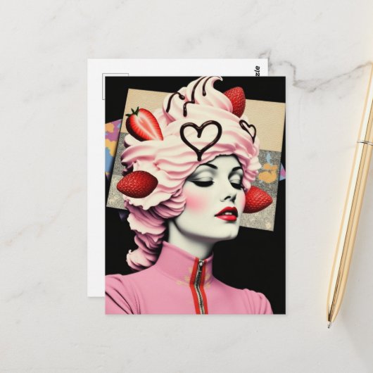Strawberry Dessert Woman Collage Postkarte (Vorderseite/Rückseite Beispiel)