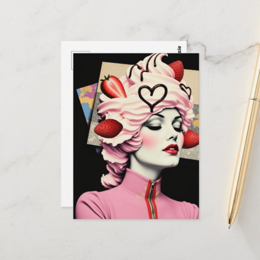 Strawberry Dessert Woman Mixed Media Collage Postkarte (Vorderseite/Rückseite Beispiel)